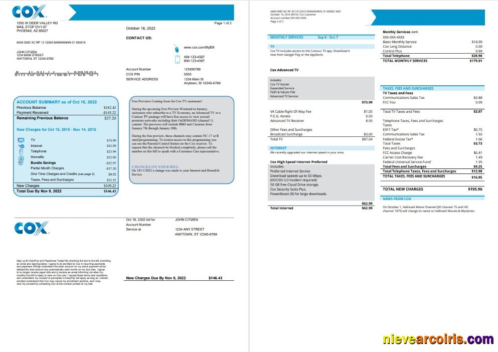 Professional USA COX Utility Bill Template In Word And PDF Format