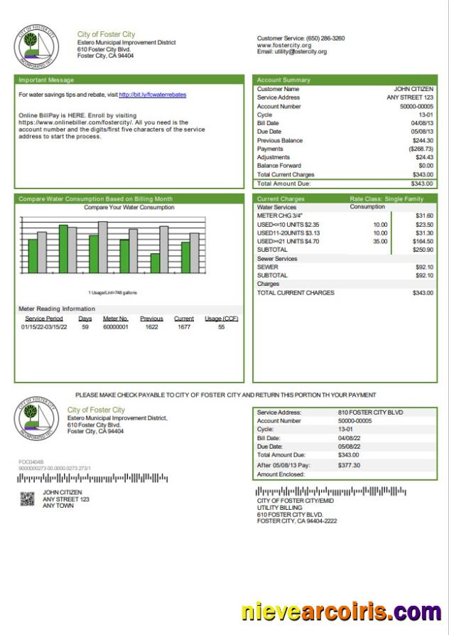 Premium USA California City Of Foster City Utility Bill Template In Word And PDF Format