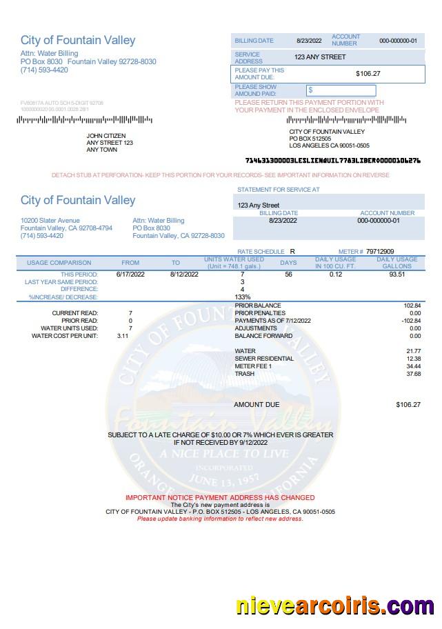 Realistic USA California City Of Fountain Valley Utility Bill Template In Word And PDF Format