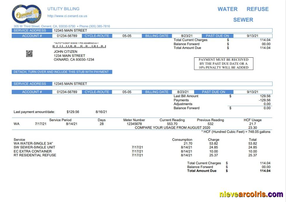 Premium USA California City Of Oxnard Utility Bill Template In Word And PDF Format
