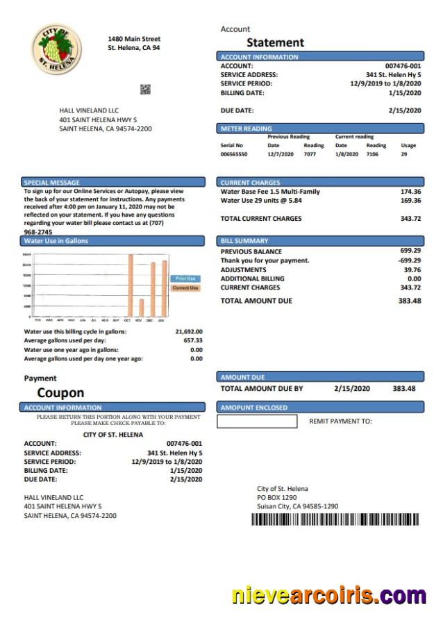 Premium USA California City Of St Helena Utility Bill Template In Word And PDF Format