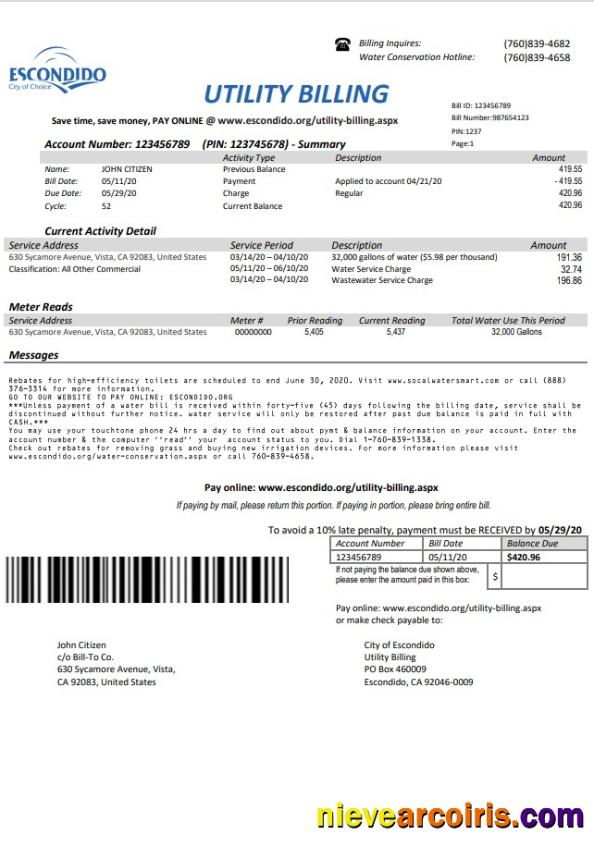 Editable USA California Escondido City Of Choice Utility Bill Template In Word And PDF Format