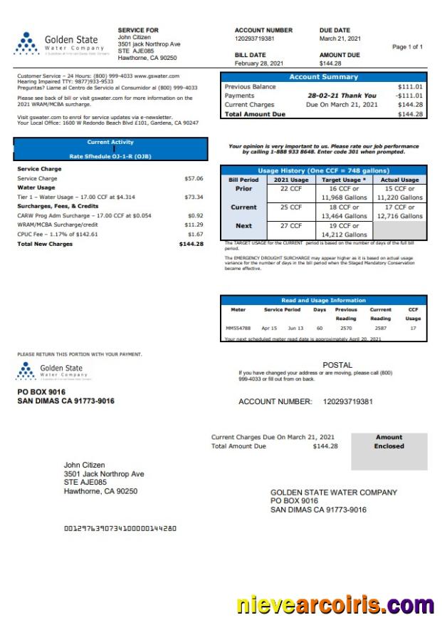 Premium USA California Golden State Water Company Utility Bill Template In .doc And .pdf Format