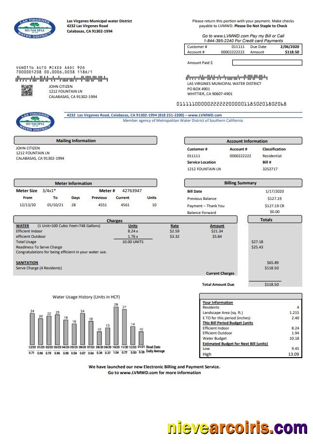 Professional USA California Las Virgenes Municipal Water District Utility Bill Template In Word And PDF Format