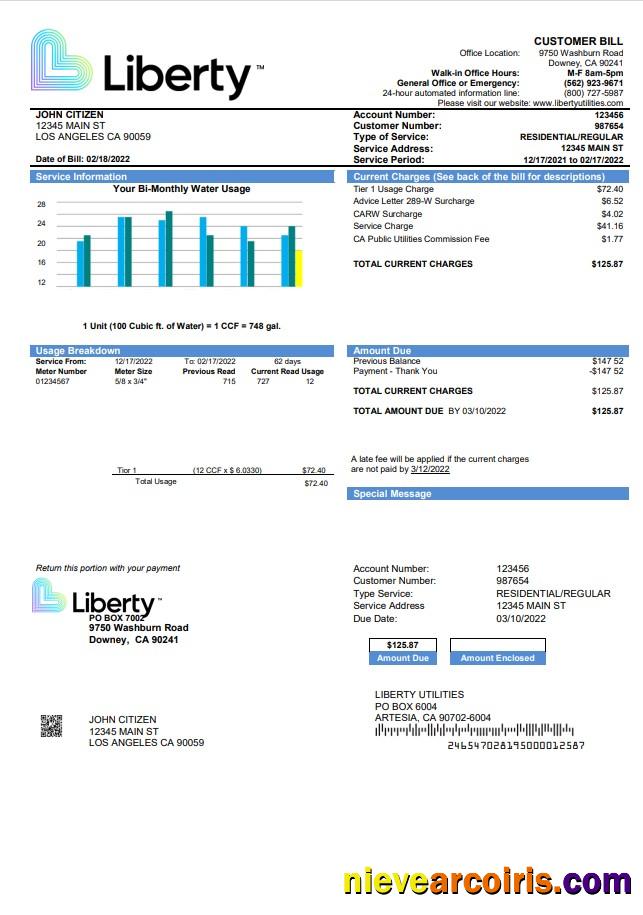 Editable USA California Liberty Utilities Utility Bill Template In Word And PDF Format