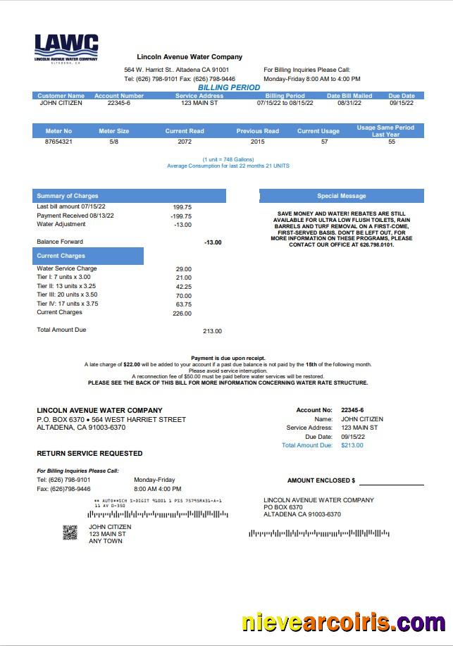 Editable USA California Lincoln Avenue Water Company Utility Bill Template In Word And PDF Format