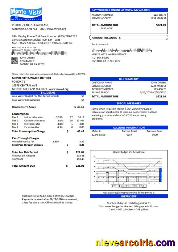 Realistic USA California Monte Vista Water District Utility Bill Template In Word And PDF Format