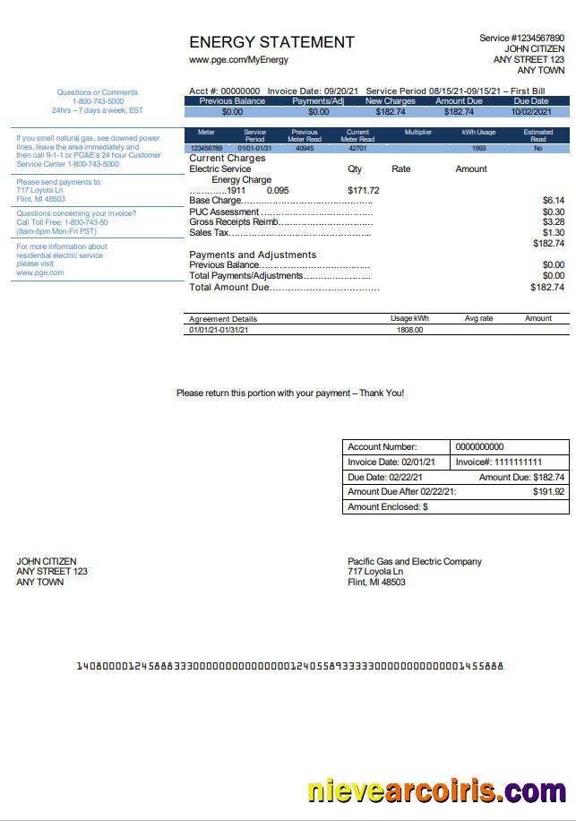 Realistic USA California PG&E (Pacific Gas And Electric Company) Utility Bill Template In Word And PDF Format, Version 2