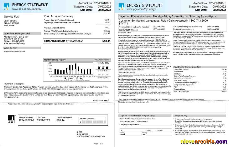 Realistic USA California PG&E (Pacific Gas And Electric Company) Utility Bill, Word And PDF Template, 6 Pages 1 2