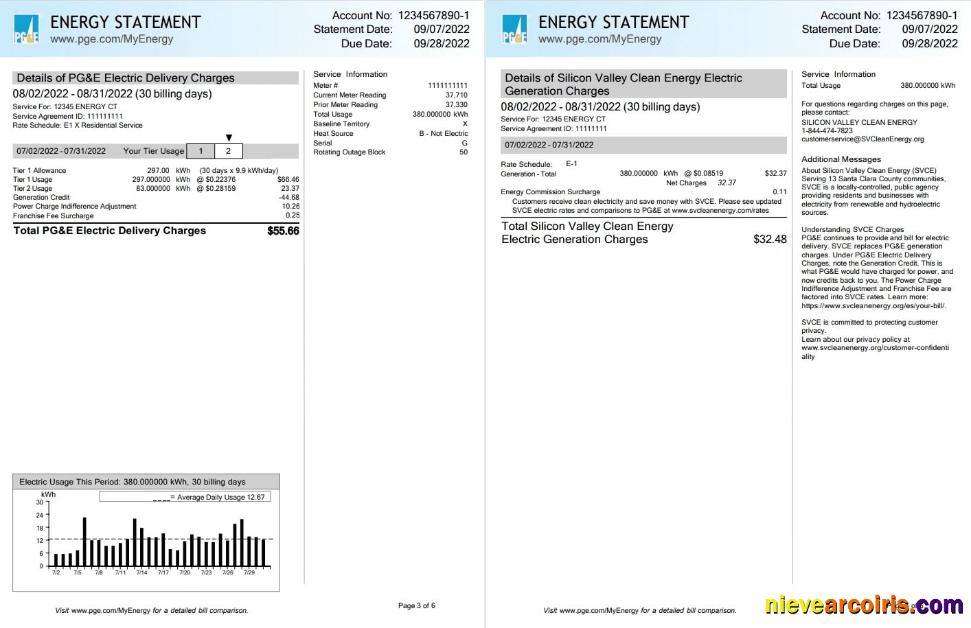 Realistic USA California PG&E (Pacific Gas And Electric Company) Utility Bill, Word And PDF Template, 6 Pages 3 4