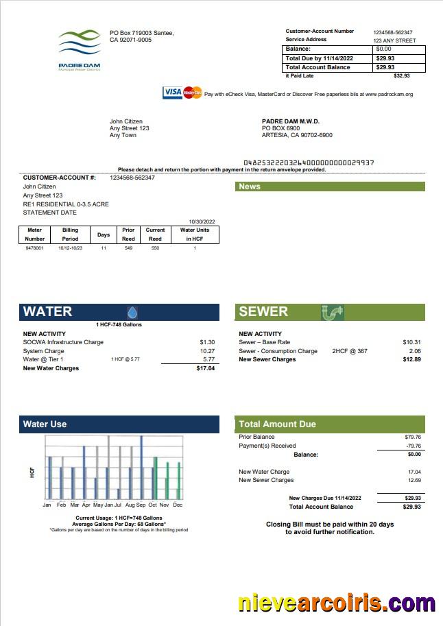 Editable USA California Padredam Utility Bill Template In Word And PDF Format