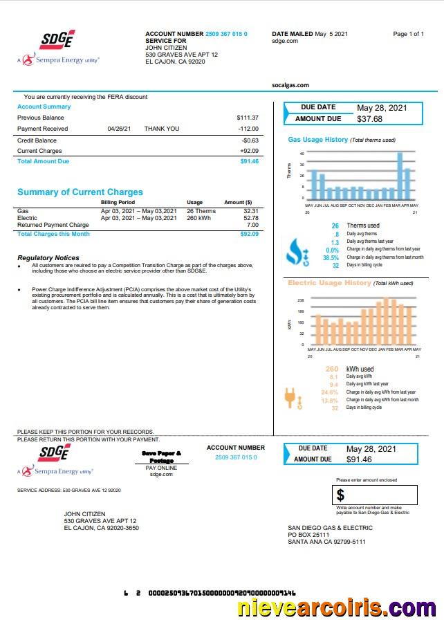 Professional USA California San Diego Gas & Electric (SDG&E) Utility Bill Template In Word And PDF Format