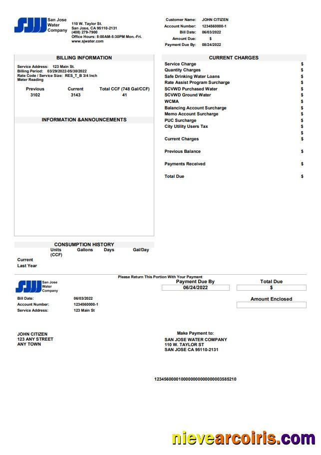 Premium USA California San Jose Water Utility Bill Template In Word And PDF Format