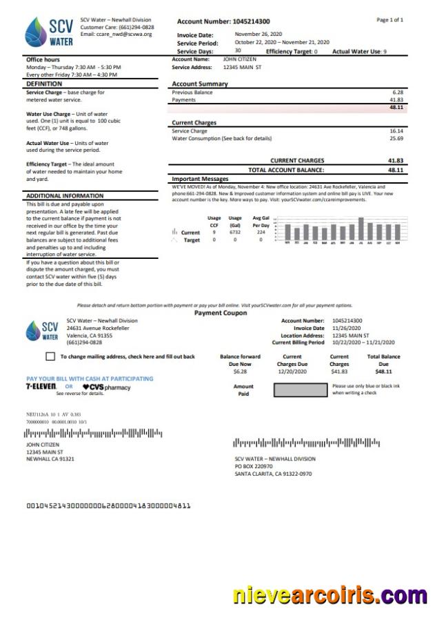 Premium USA California Santa Clarita SCV Water Utility Bill Template In Word And PDF Format