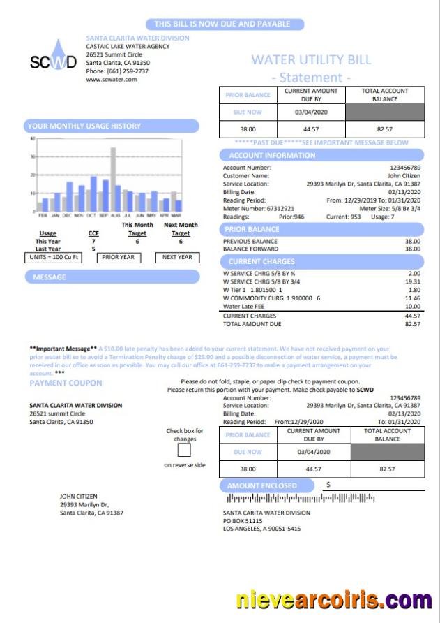 Realistic USA California Santa Clarita Water Division (SCWD) Utility Bill Template In Word And PDF Format