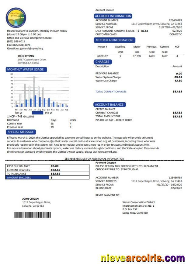 Professional USA California Santa Ynez Water Utility Bill Template In Word And PDF Format