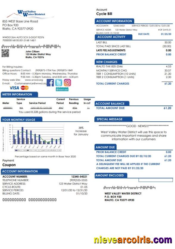 Premium USA California West Valley Water District Utility Bill Template In Word And PDF Format