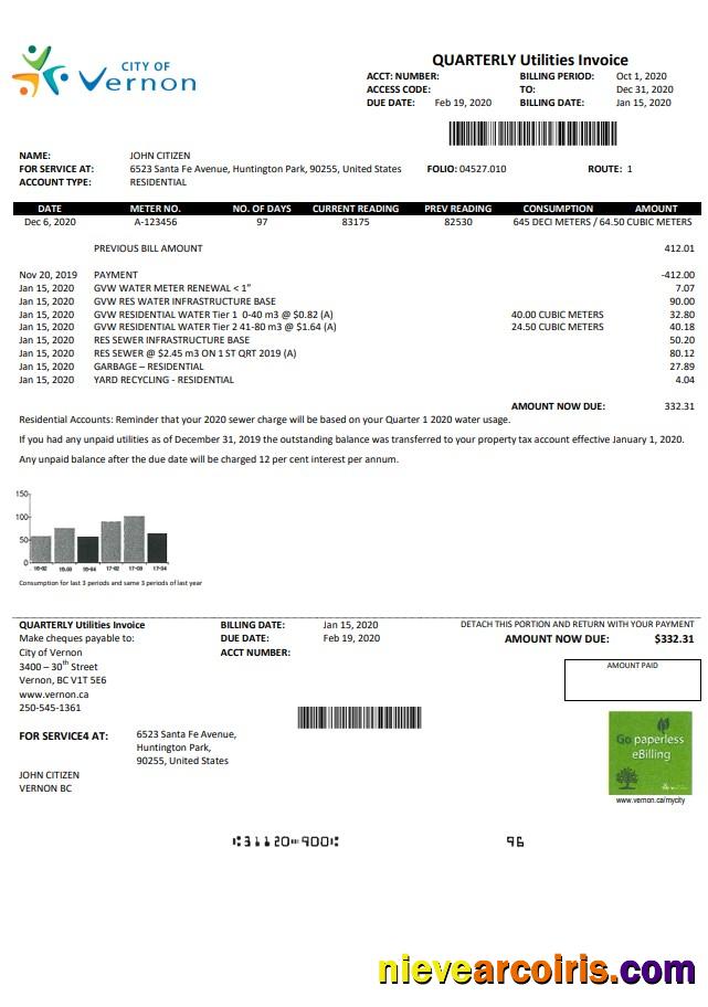 Premium USA Canada City Of Vernon Water Utility Bill Template In Word And PDF Format