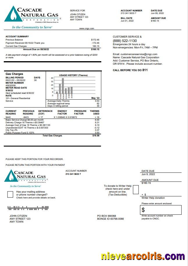 Editable USA Cascade Natural Gas Utility Bill, Word And PDF Template