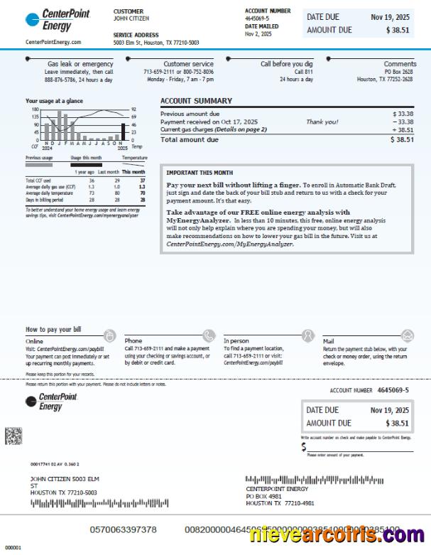 Professional USA Center Point Energy Utility Bill Template In Word And PDF Formats