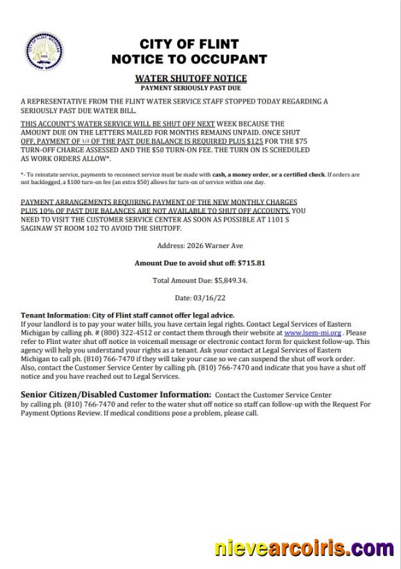 Premium USA City Of Flint Michigan Notice To Occupant Water Utility Bill Shutoff Notice, Word And PDF Template