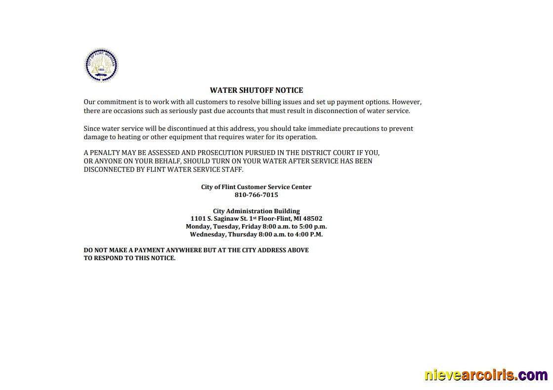 Professional USA City Of Flint Michigan Water Utility Bill Shutoff Notice, Word And PDF Template, Version 3