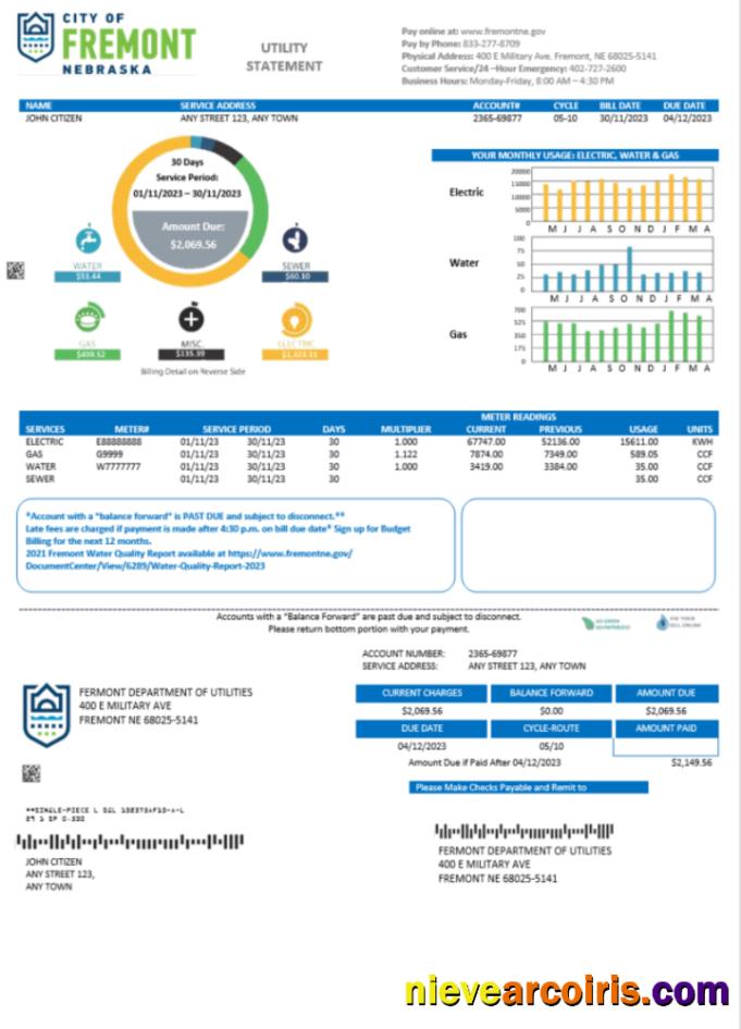 Premium USA City Of Fremont Nebraska Utility Bill Word And PDF Template