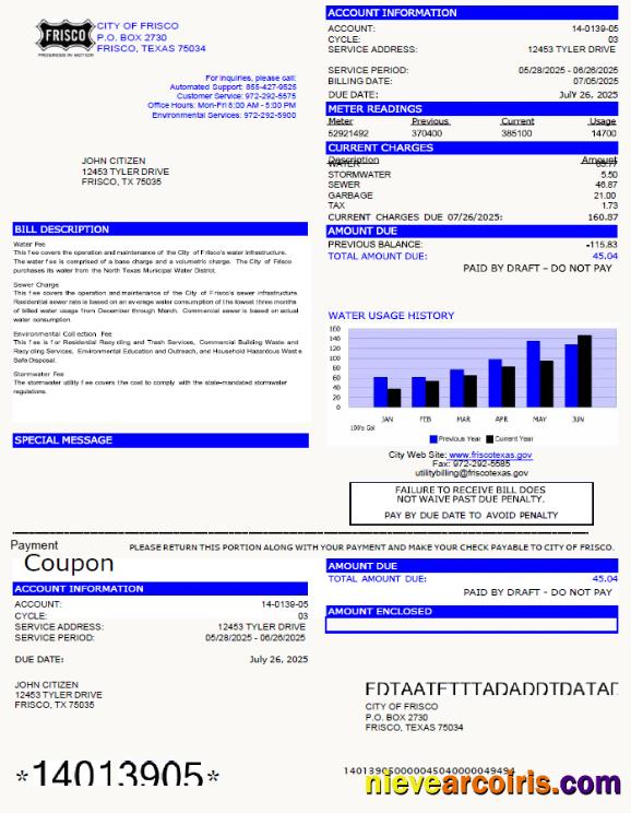 Realistic USA City Of Frisco Utility Bill Template In Word And PDF Formats