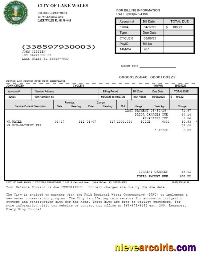 Realistic USA City Of Lake Wales Utility Bill Template In Word And PDF Formats