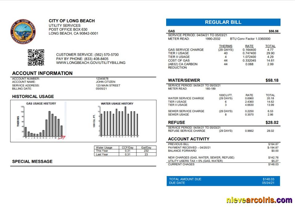 Editable USA City Of Long Beach Utility Bill Template In Word And PDF Format