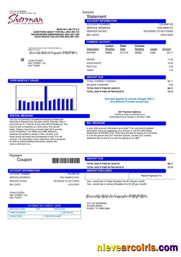 Editable USA City Of Sherman Utility Bill Template In Word And PDF Format