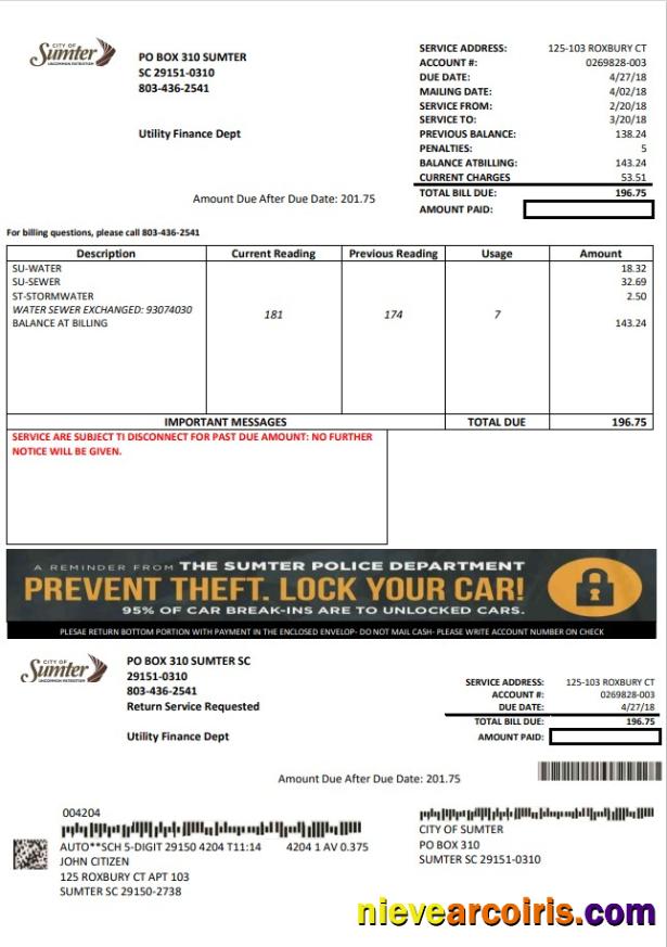 Premium USA City Of Sumter South Carolina Water Utility Bill Template In Word And PDF Format