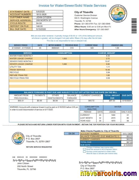 Premium USA City Of Titusville Florida Utility Bill Template In Word And PDF Format (.doc And .pdf)