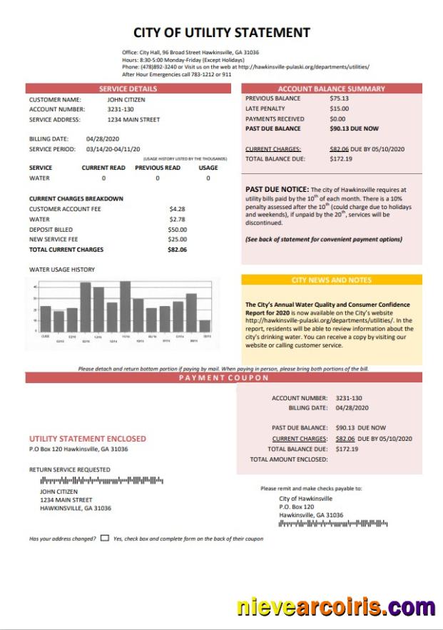 Realistic USA City Of Utility Statement Water Utility Bill Template In Word And PDF Format