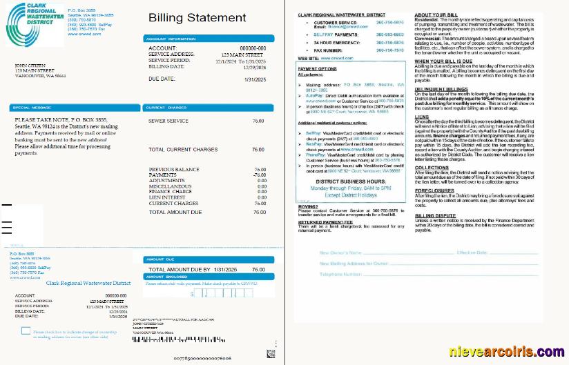 Editable USA Clark Regional Wastewater District Utility Bill Template In Word And PDF Formats, 2 Pages