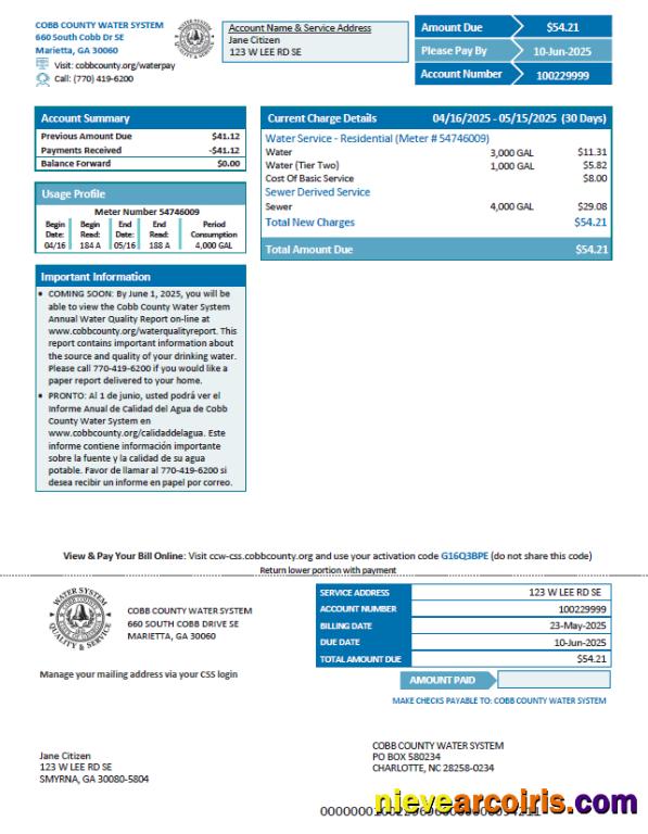 Editable USA Cobb County Water System Utility Bill Template In Word And PDF Formats, Version 2