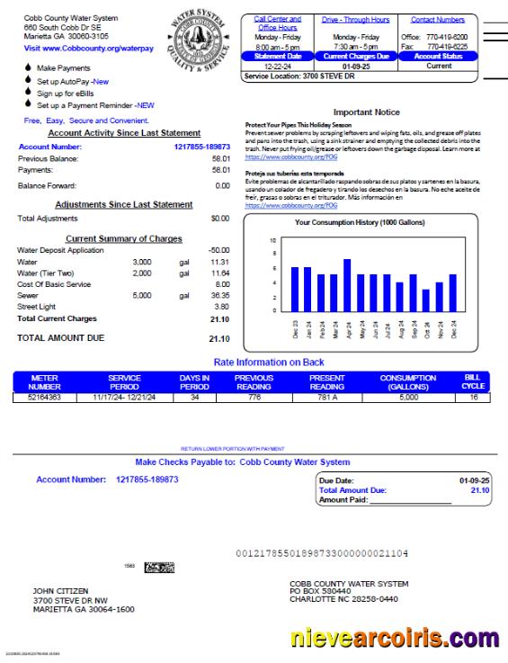Realistic USA Cobb County Water System Utility Bill Template In Word And PDF Formats, Version 3