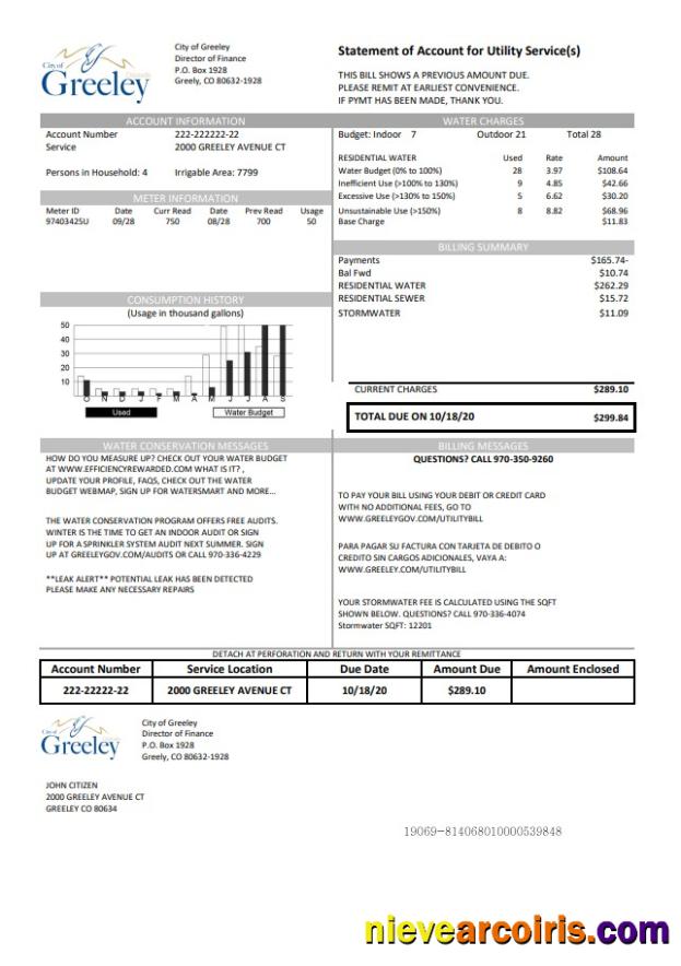 Editable USA Colorado City Of Greeley Water Utility Bill Template In Word And PDF Format
