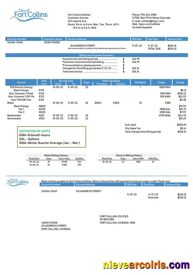 Professional USA Colorado Fort Collins Utilities Utility Bill Template In Word And PDF Format