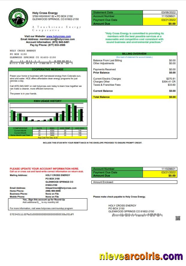 Premium USA Colorado Holy Cross Energy Utility Bill Template In Word And PDF Format