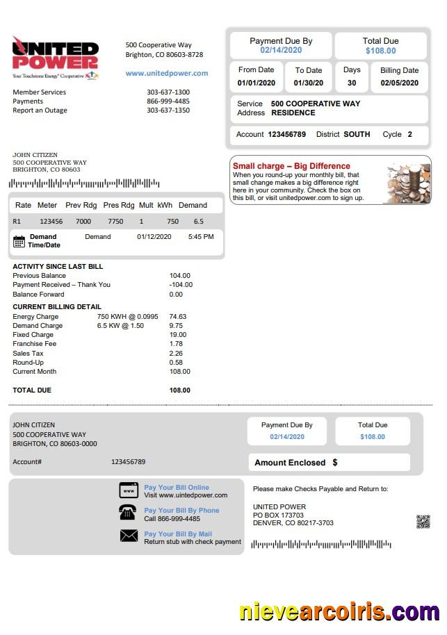 Premium USA Colorado United Power Utility Bill Template In Word And PDF Format