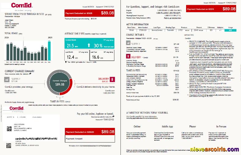 Professional USA ComEd Utility Bill Template In Word And PDF Formats, 4 Pages, 1 2 Pages