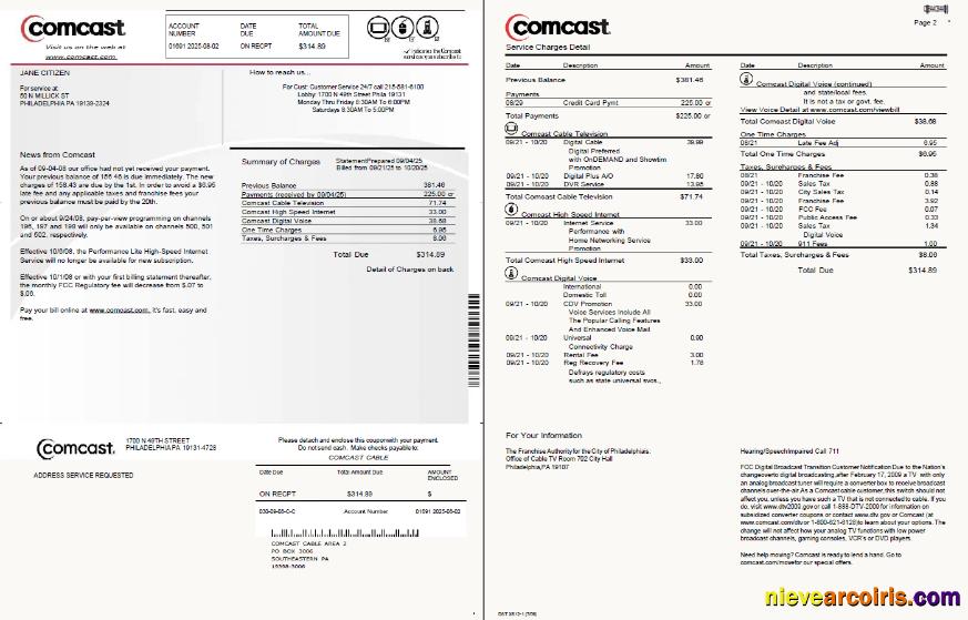 Premium USA Comcast Utility Bill Template In Word And PDF Formats, 2 Pages, Version 2
