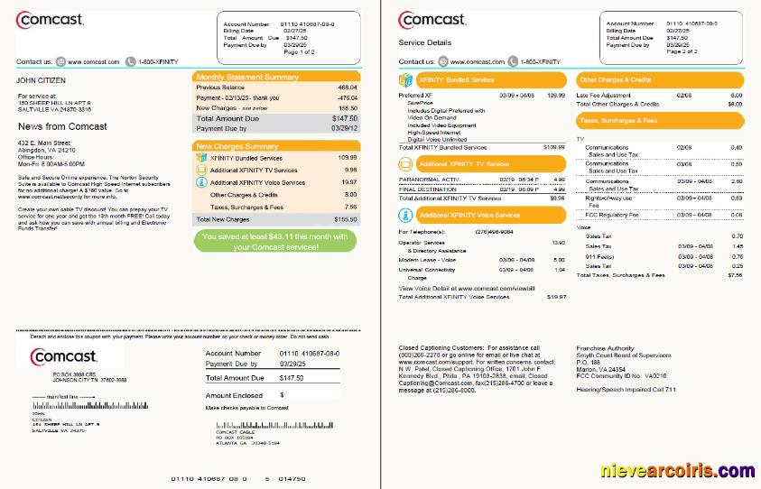 Realistic USA Comcast Utility Bill Template In Word And PDF Formats, 2 Pages