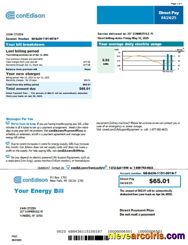 Realistic USA Conedison Utility Bill Template In Word And PDF Formats, Version 2