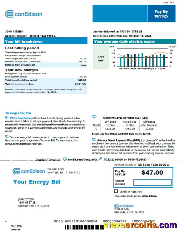 Editable USA Conedison Utility Bill Template In Word And PDF Formats, Version 3