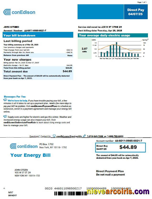 Editable USA Conedison Utility Bill Template In Word And PDF Formats, Version 4