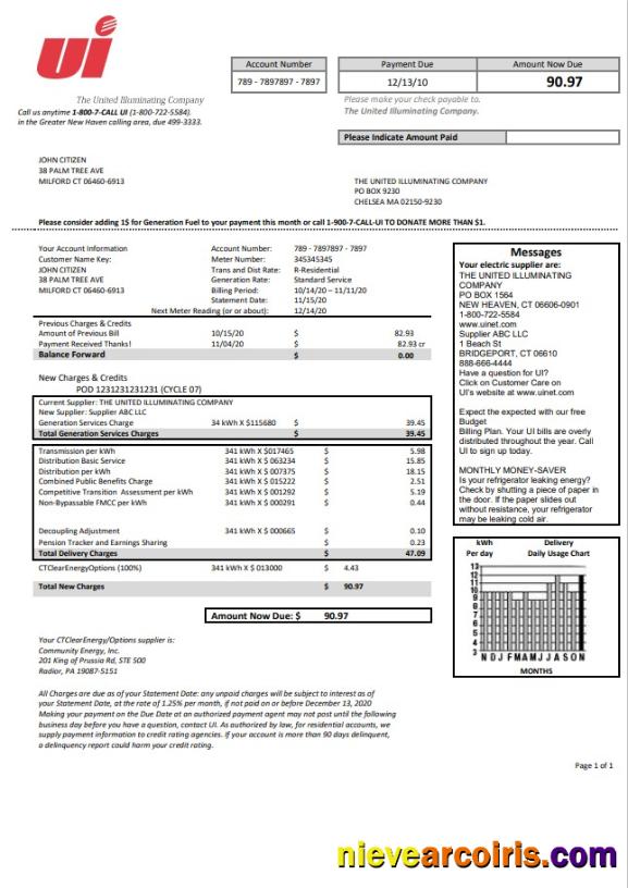Realistic USA Connecticut The United Illuminating Company Electricity Utility Bill Template In Word And PDF Format