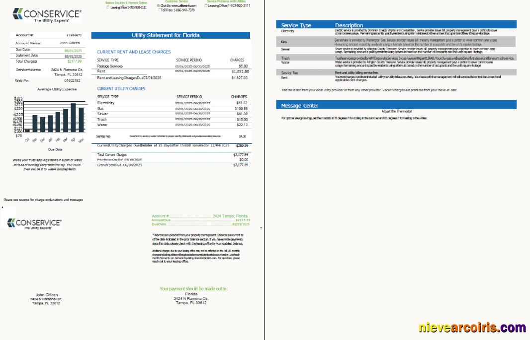 Professional USA Conservice Utility Bill Template In Word And PDF Formats, 2 Pages, Version 2