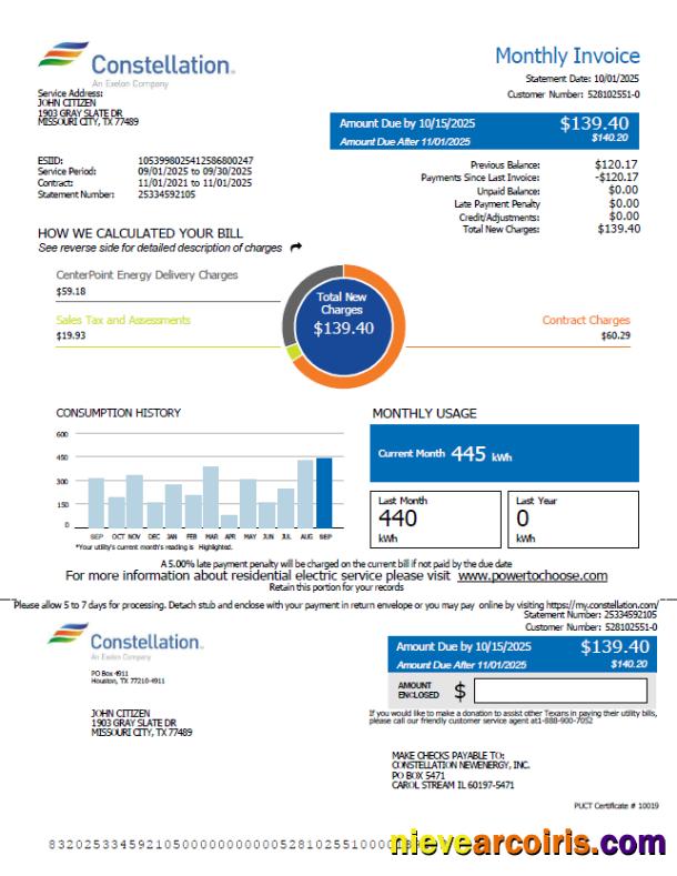 Professional USA Constellation Utility Bill Template In Word And PDF Formats, Version 2